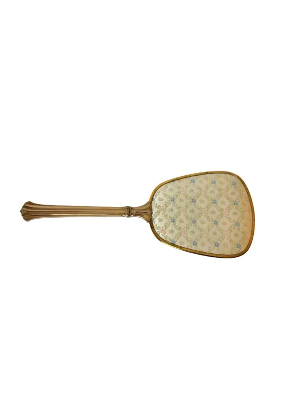 Vanity Hand Mirror Boudoir Decor Blue Floral VTG Brass Tone Hollywood Regency